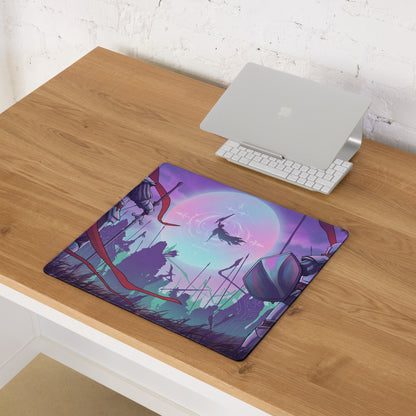 Purple and teal vaporwave neon knight gaming mouse pad with fantasy battle scene and glowing moon in digital art style