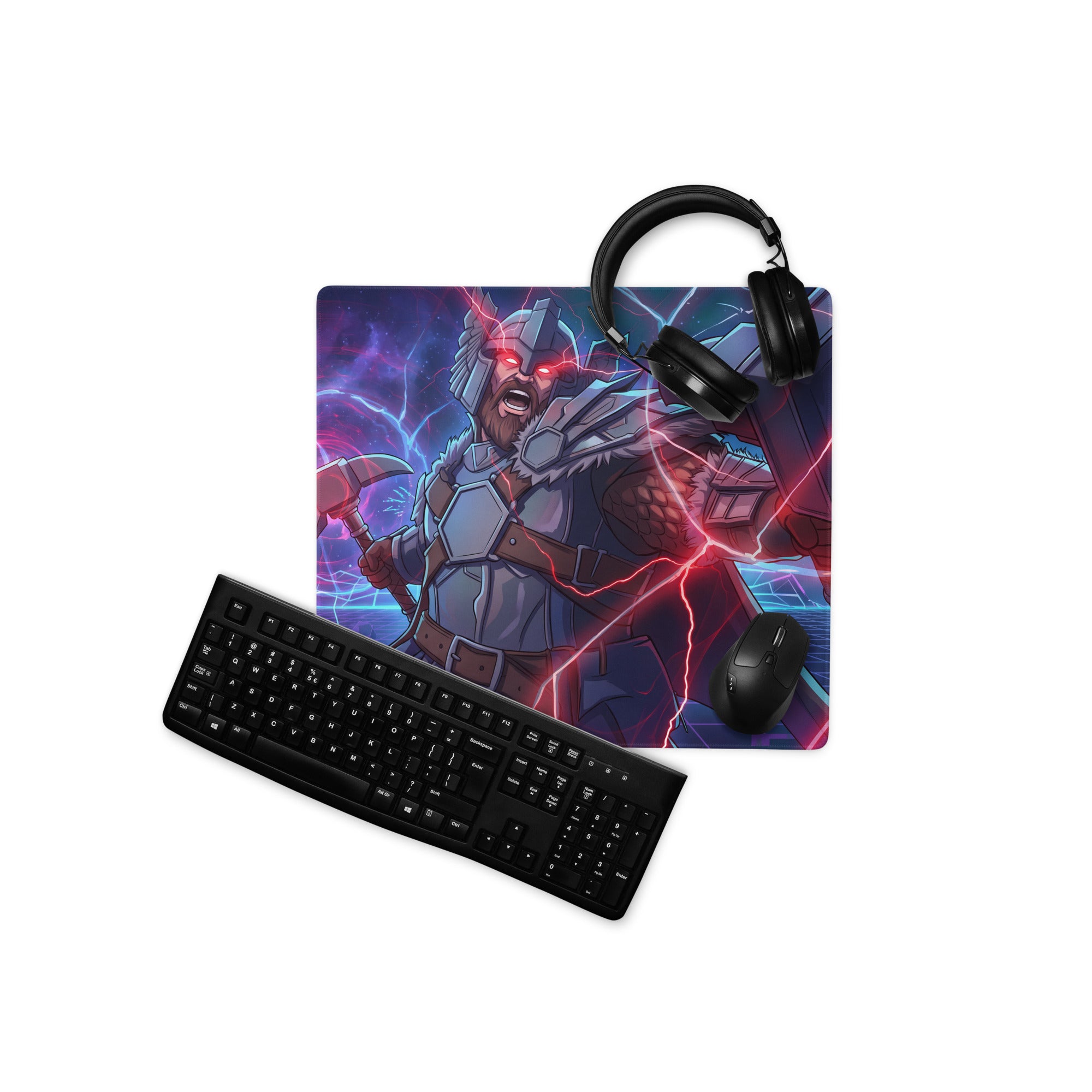 Vibrant rectangular vaporwave power warrior gaming mouse pad with thor illustration neon pink purple blue colors