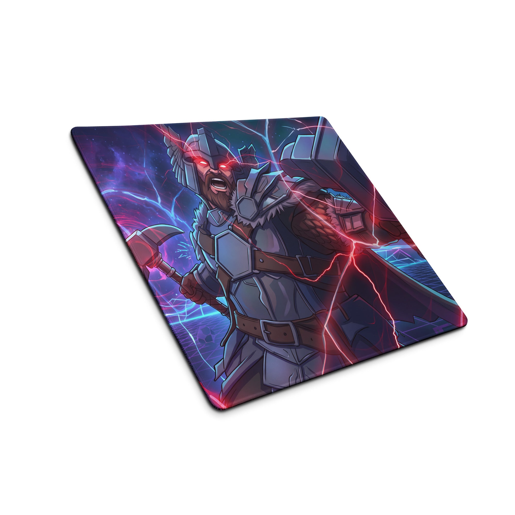 Vibrant rectangular gaming mousepad featuring thor in metallic armor with glowing red eyes and lightning effects on neon purple blue background
