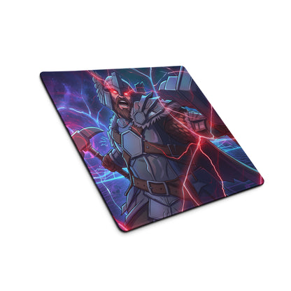 Vibrant rectangular gaming mousepad featuring thor in metallic armor with glowing red eyes and lightning effects on neon purple blue background