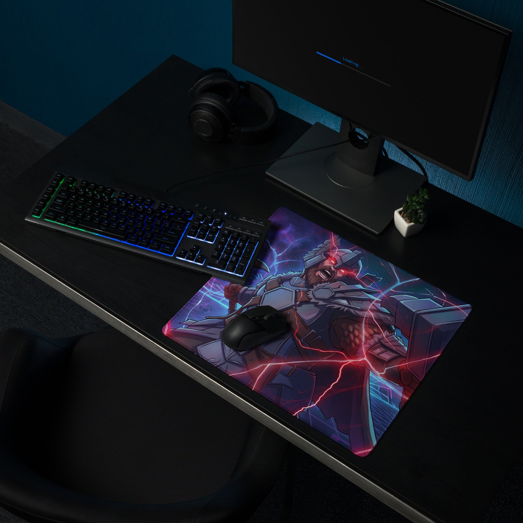 Vibrant red and blue lightning-themed vaporwave power warrior gaming mouse pad with detailed anime character design