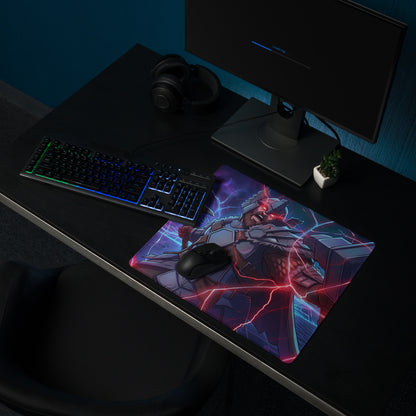 Vibrant red and blue lightning-themed vaporwave power warrior gaming mouse pad with detailed anime character design