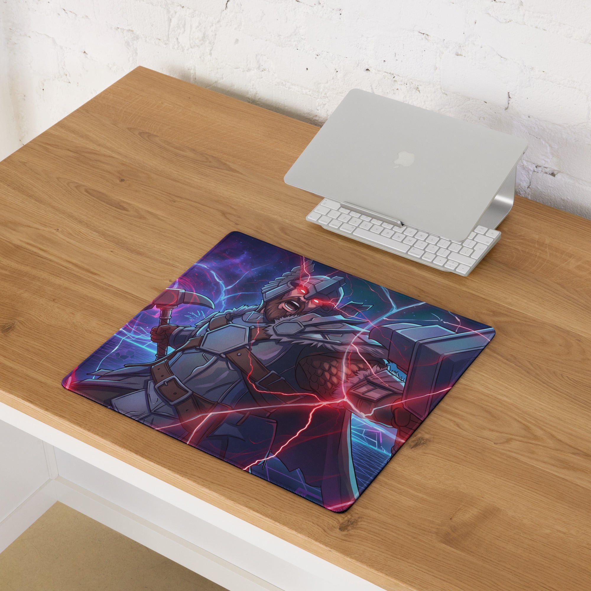 Vibrant rectangular vaporwave power warrior gaming mousepad with neon pink purple blue lightning effects for desk use
