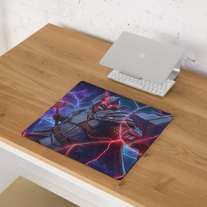Vibrant rectangular vaporwave power warrior gaming mousepad with neon pink purple blue lightning effects for desk use