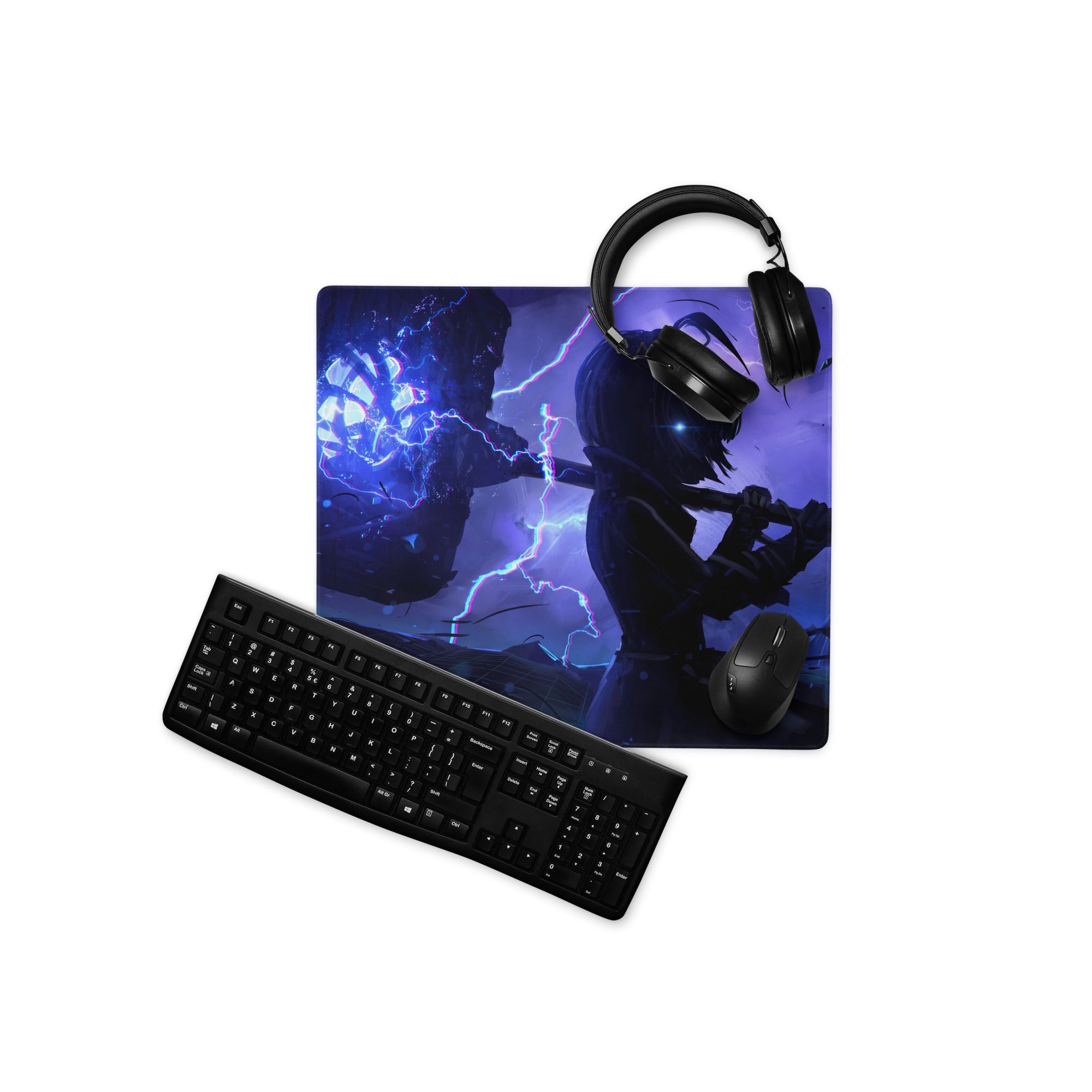 Black gaming mousepad featuring a dynamic anime-style character wielding lightning on a deep purple vaporwave background