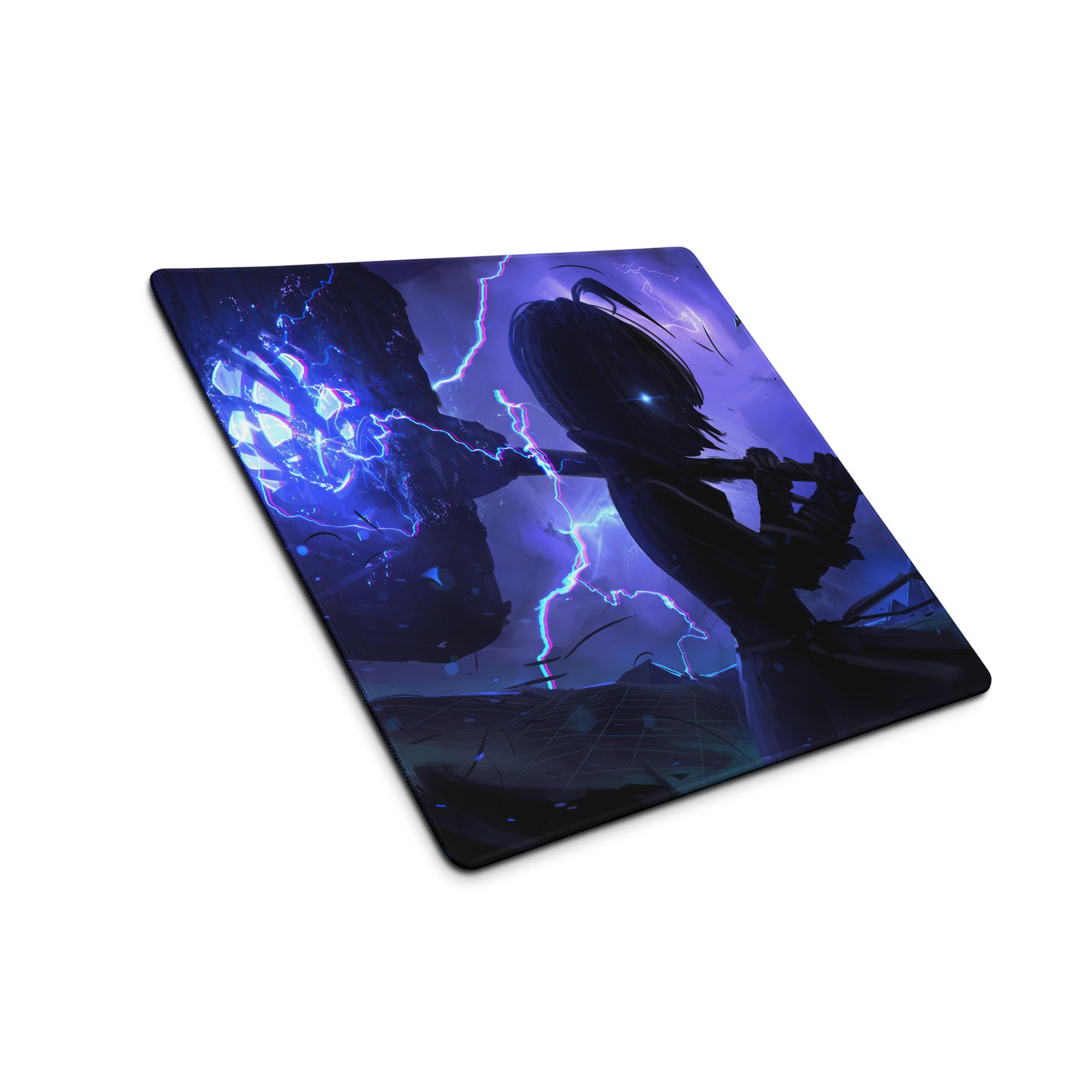 Vaporwave neon surge gaming mouse pad with blue and purple lightning design featuring dreamy cyberpunk anime art