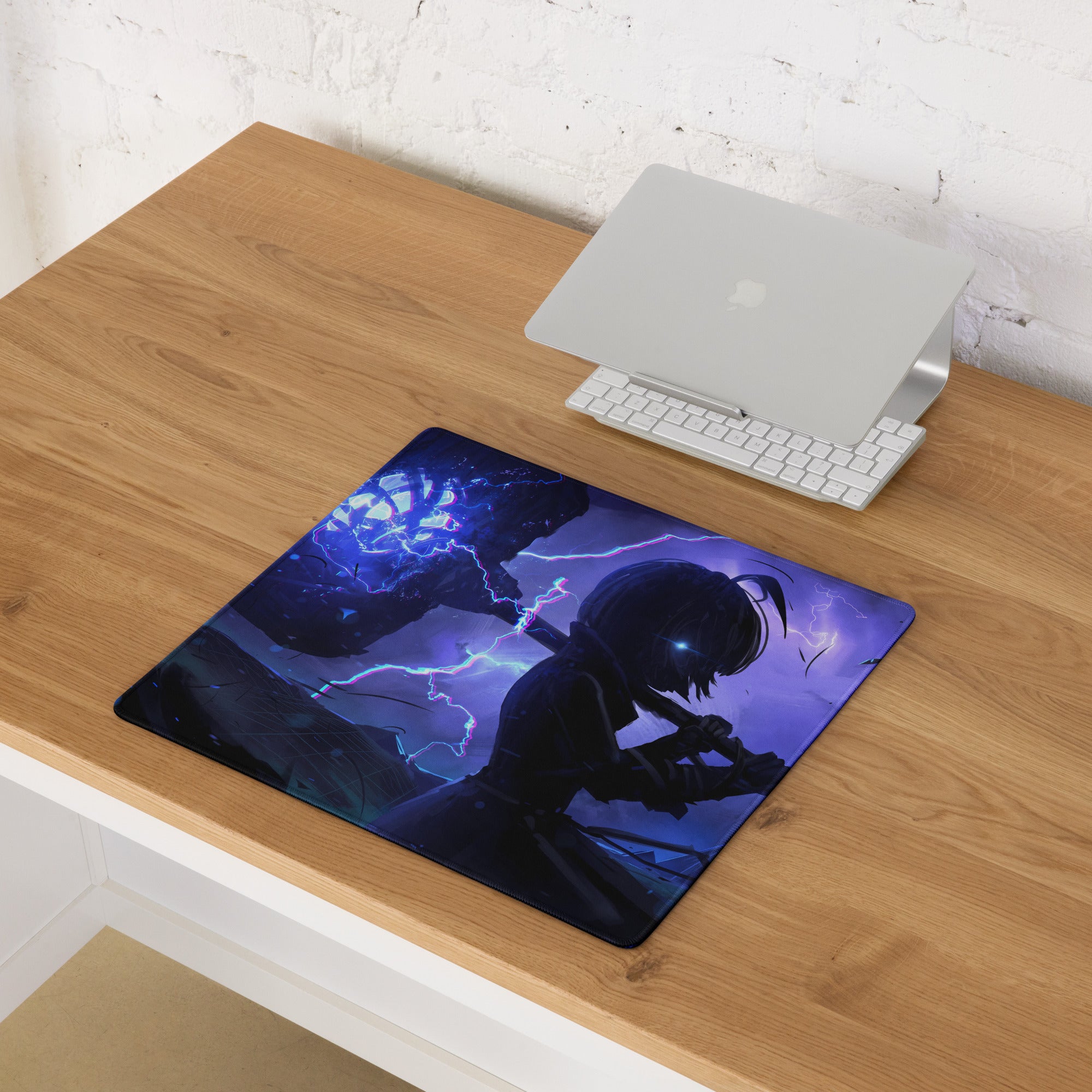 Rectangular dark blue and purple anime-themed vaporwave neon surge mouse pad with character silhouette and lightning effects