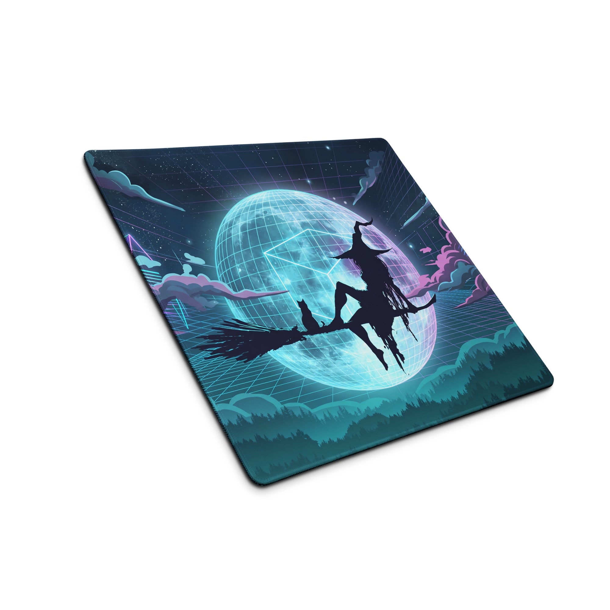Navy blue and teal vaporwave neon globe pad gaming mousepad featuring a stylized witch on broomstick with glowing grid moon