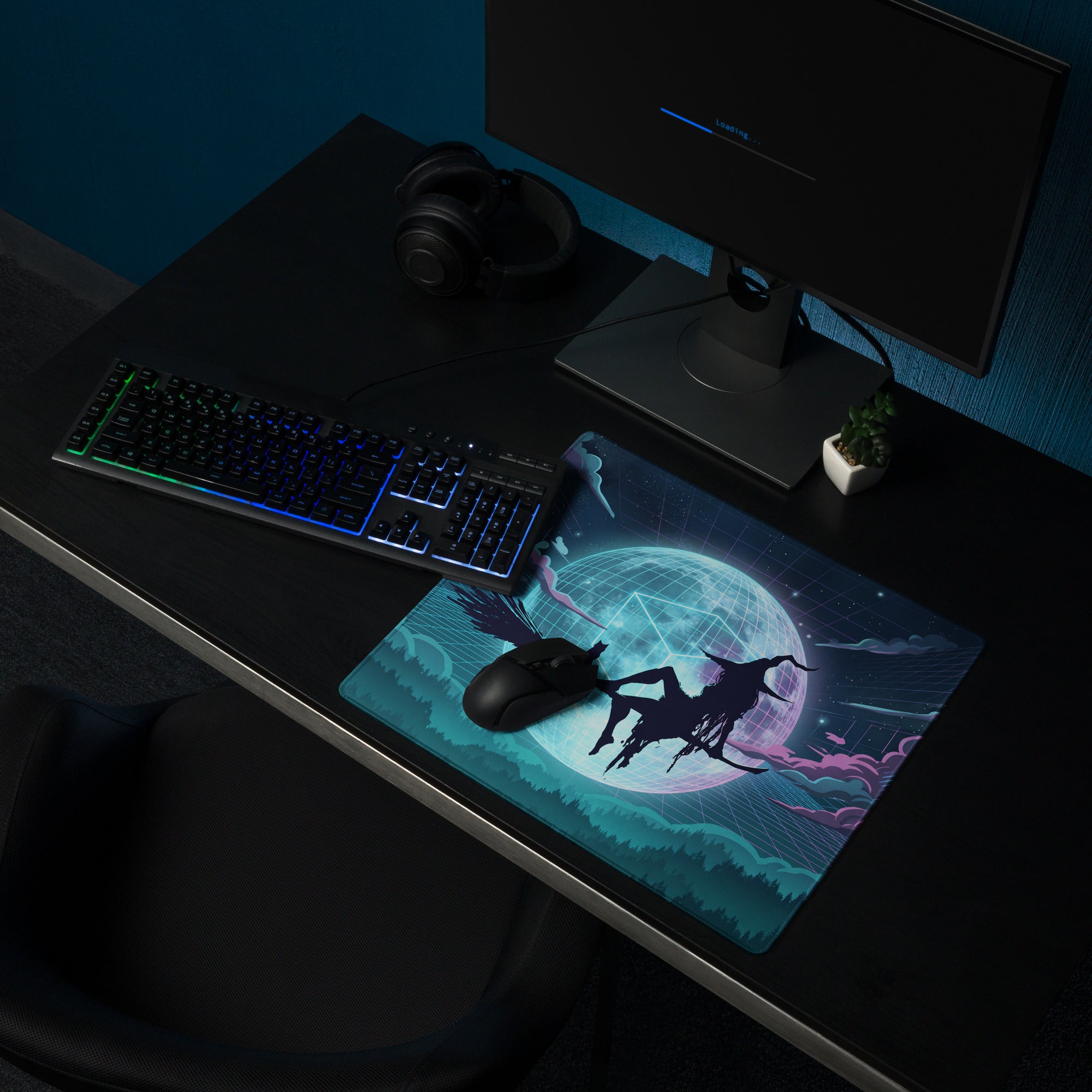 Vaporwave neon globe pad rectangular gaming mousepad with vibrant cosmic design and neon teal purple pink colors