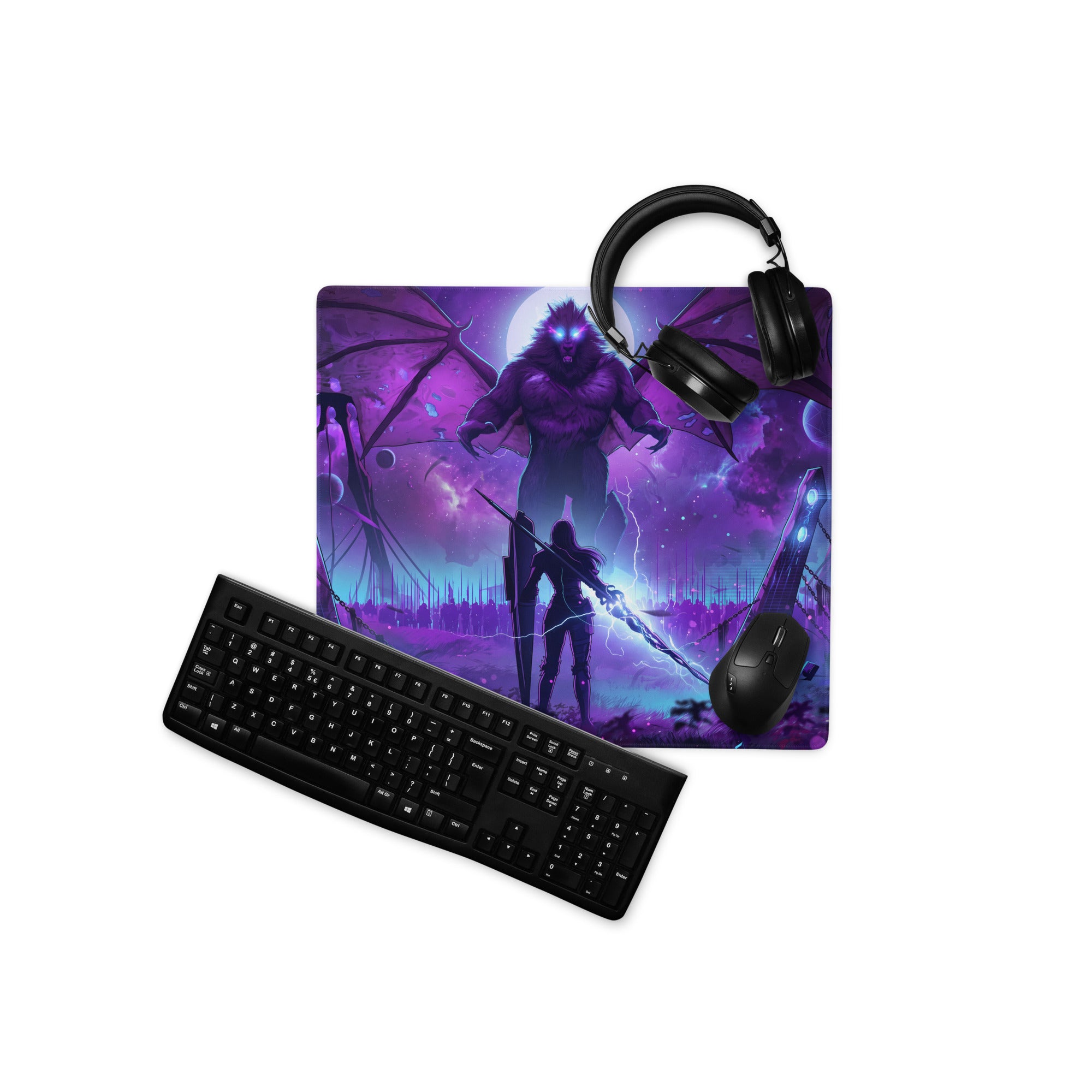 Purple and black fantasy gaming mousepad with glowing eyes lightning and cosmic elements vaporwave neon dragon pad