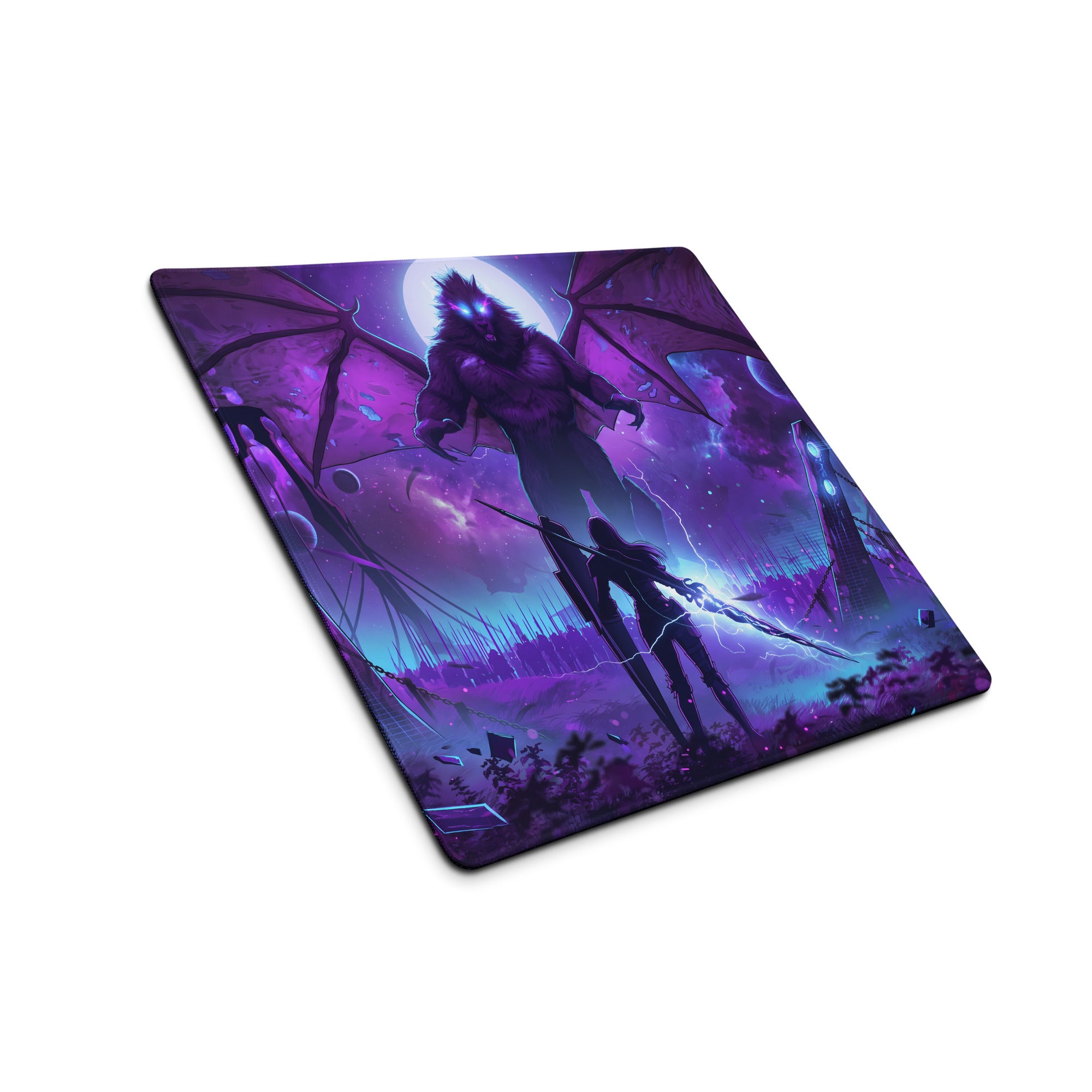 Purple and blue vaporwave neon dragon gaming mousepad with winged creature and warrior battle digital art design
