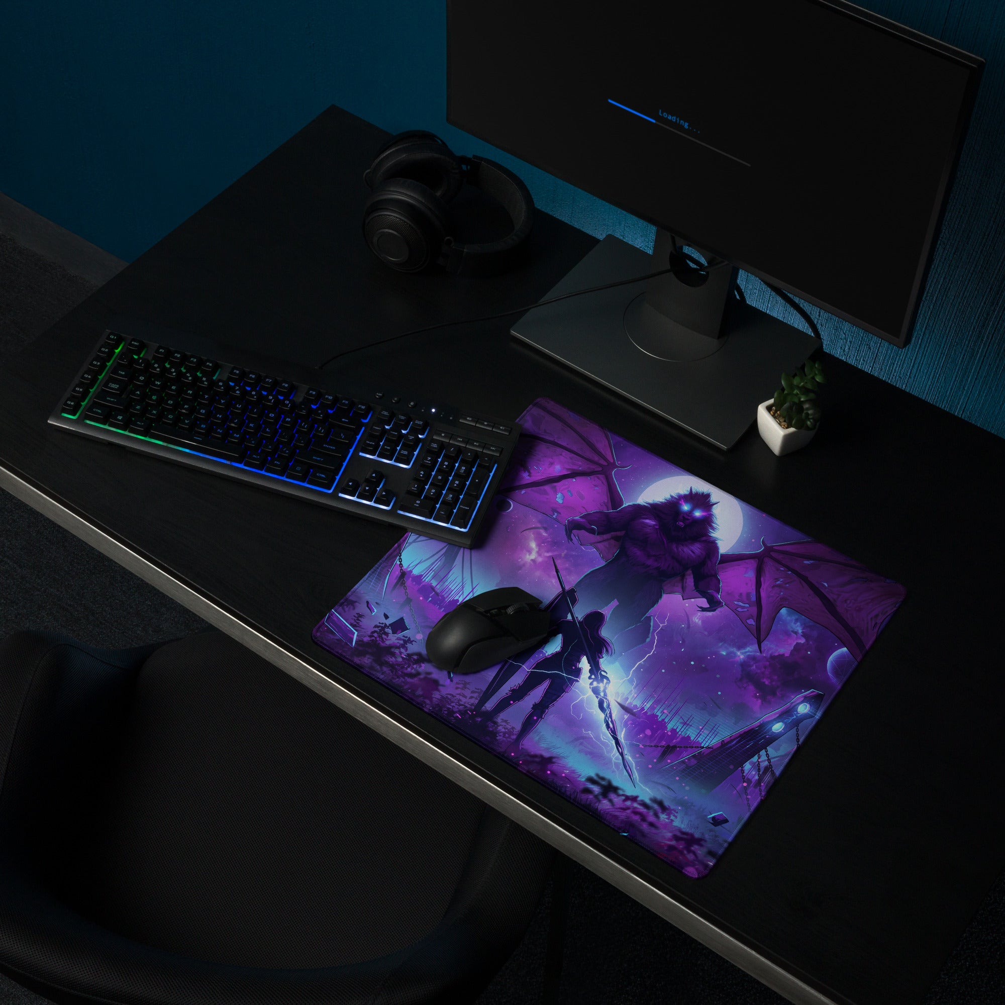 Purple and black fantasy gaming mousepad featuring a dragon with wings on a cosmic background for vaporwave neon setups
