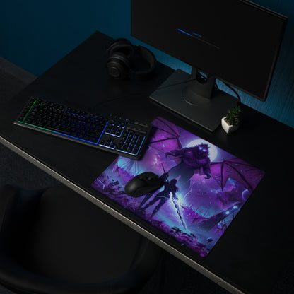 Purple and black fantasy gaming mousepad featuring a dragon with wings on a cosmic background for vaporwave neon setups