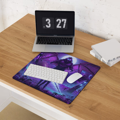Purple vaporwave neon dragon gaming mousepad featuring a winged creature under a moonlit sky