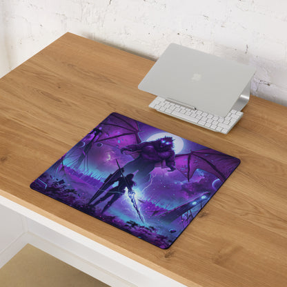 Purple and blue vaporwave neon dragon pad mousepad with cosmic background for gaming desk and retro futurism use