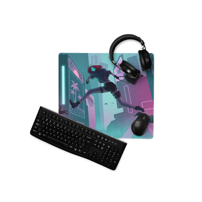 Neon vaporwave gaming mouse pad with nebula theme and vibrant cyberpunk anime runner in teal and magenta hues