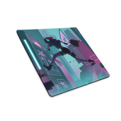 Neon vaporwave gaming mouse pad with neon pink and teal digital art of anime character in a futuristic cityscape