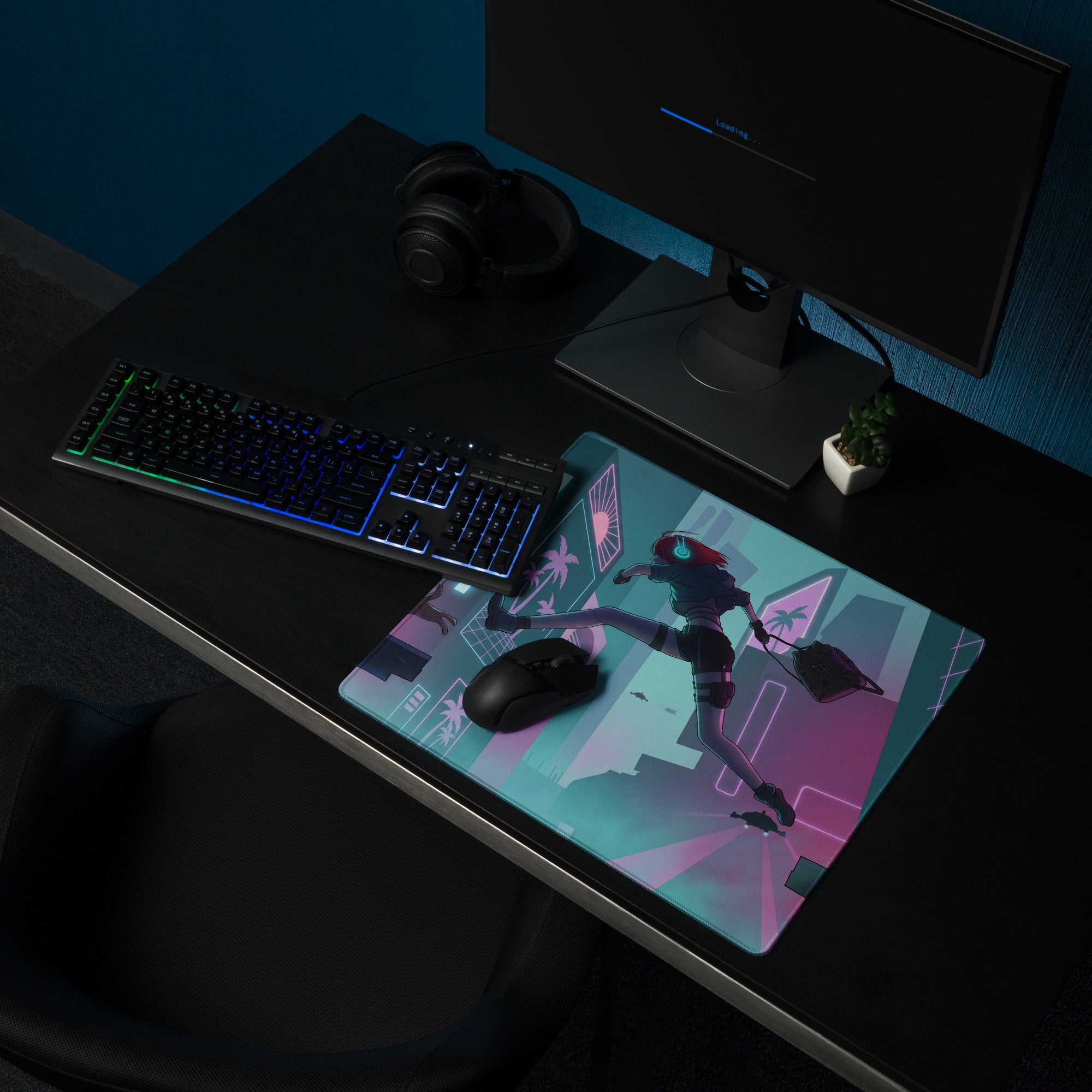 Neon vaporwave gaming mouse pad with anime character in motion on neon purple blue cyberpunk cityscape design