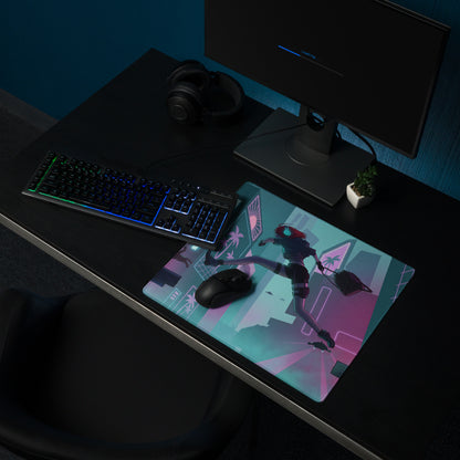 Neon vaporwave gaming mouse pad with anime character in motion on neon purple blue cyberpunk cityscape design