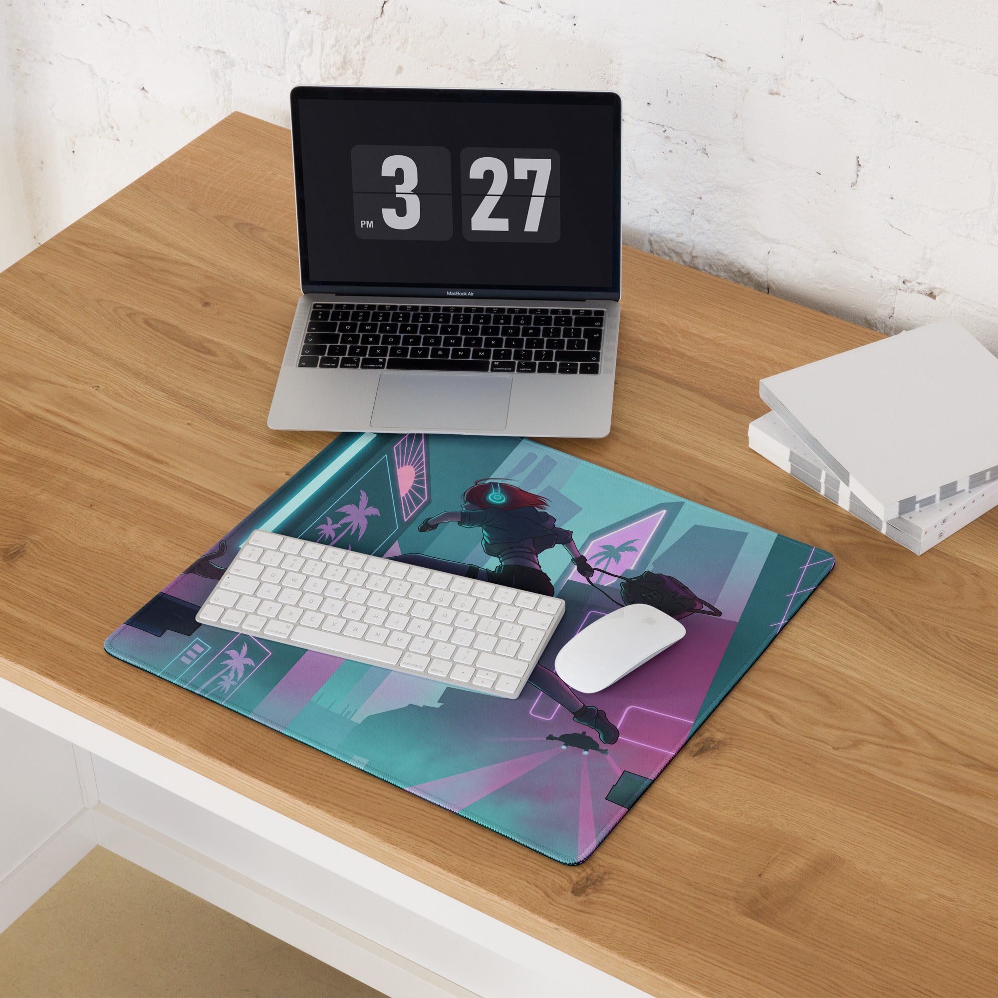 A vibrant neon vaporwave rectangular gaming mouse pad with anime character and cyberpunk cityscape design in purple and blue