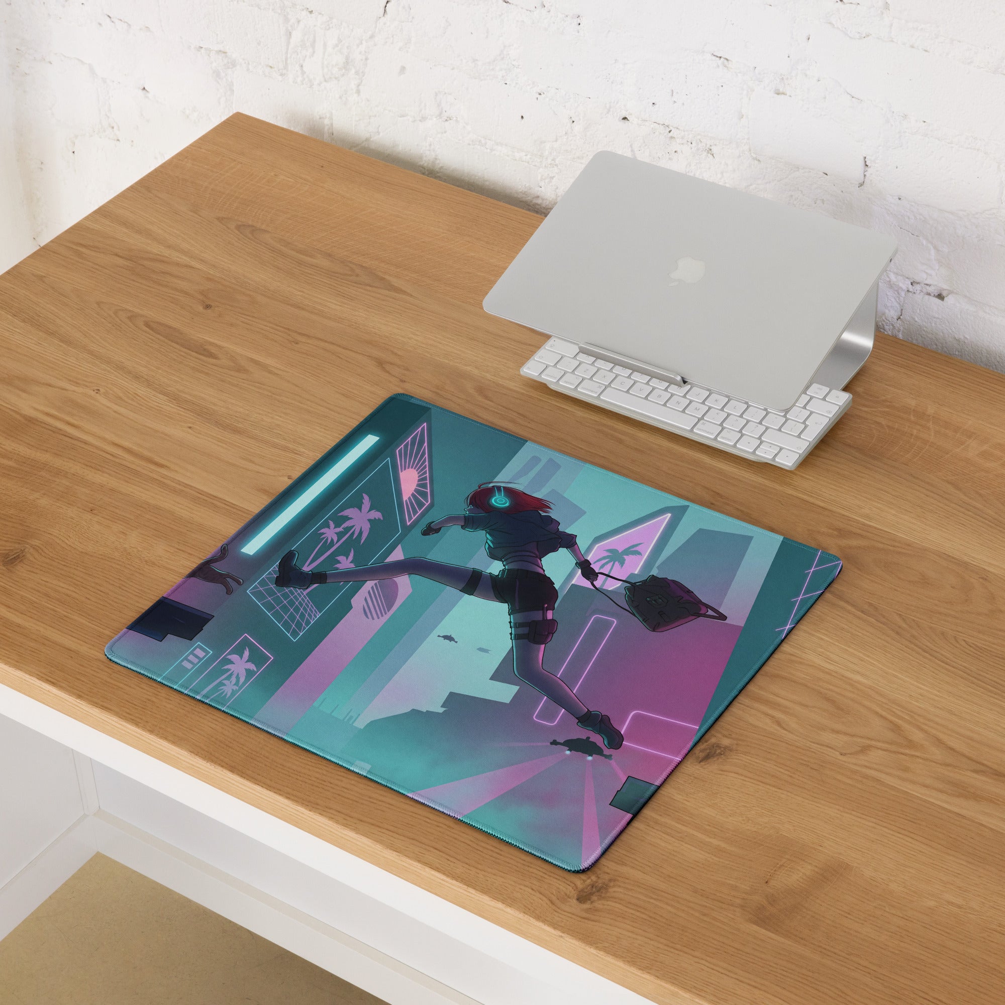 A vibrant neon purple and blue vaporwave gaming mouse pad featuring dynamic anime art against a cyberpunk cityscape