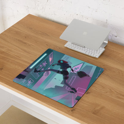 A vibrant neon purple and blue vaporwave gaming mouse pad featuring dynamic anime art against a cyberpunk cityscape