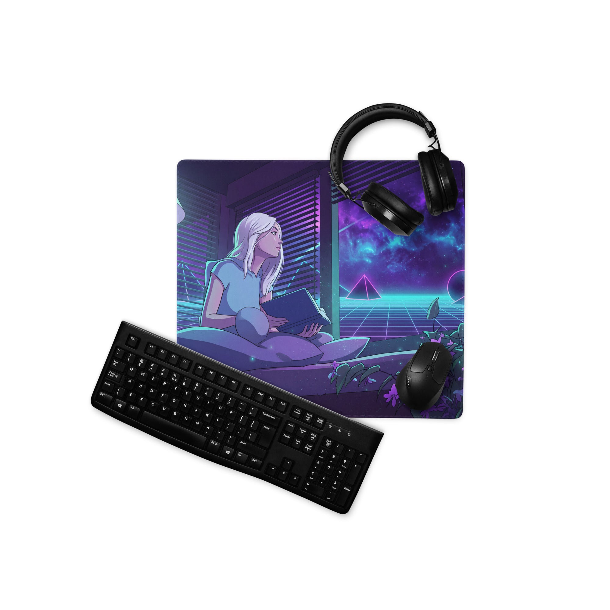 Neon vaporwave gaming mouse pad with glowing purple and cyan nebula cyberpunk design featuring illustrated figure reading