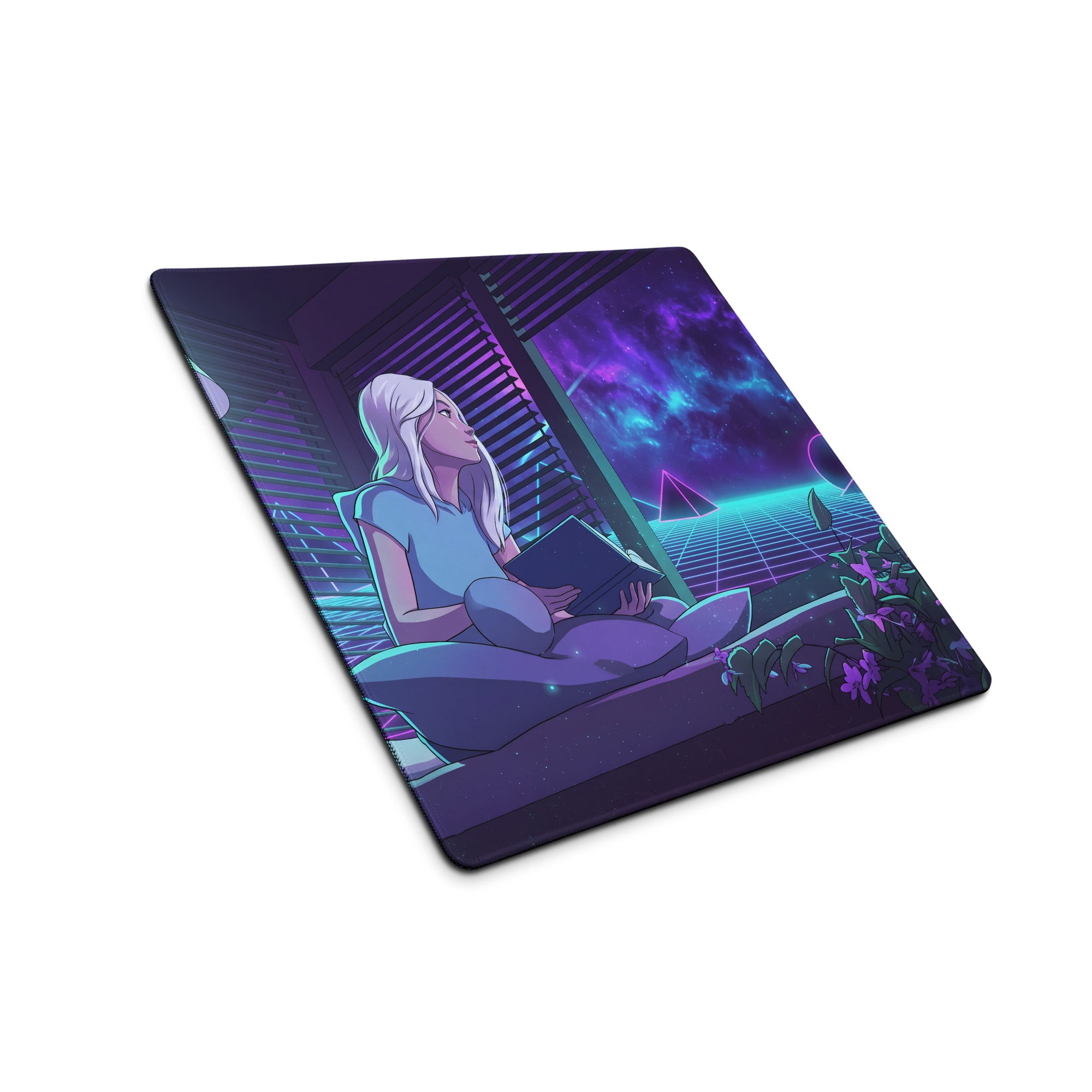 Navy blue rectangular gaming mouse pad with neon vaporwave cyberpunk white-haired woman and glowing galaxy design
