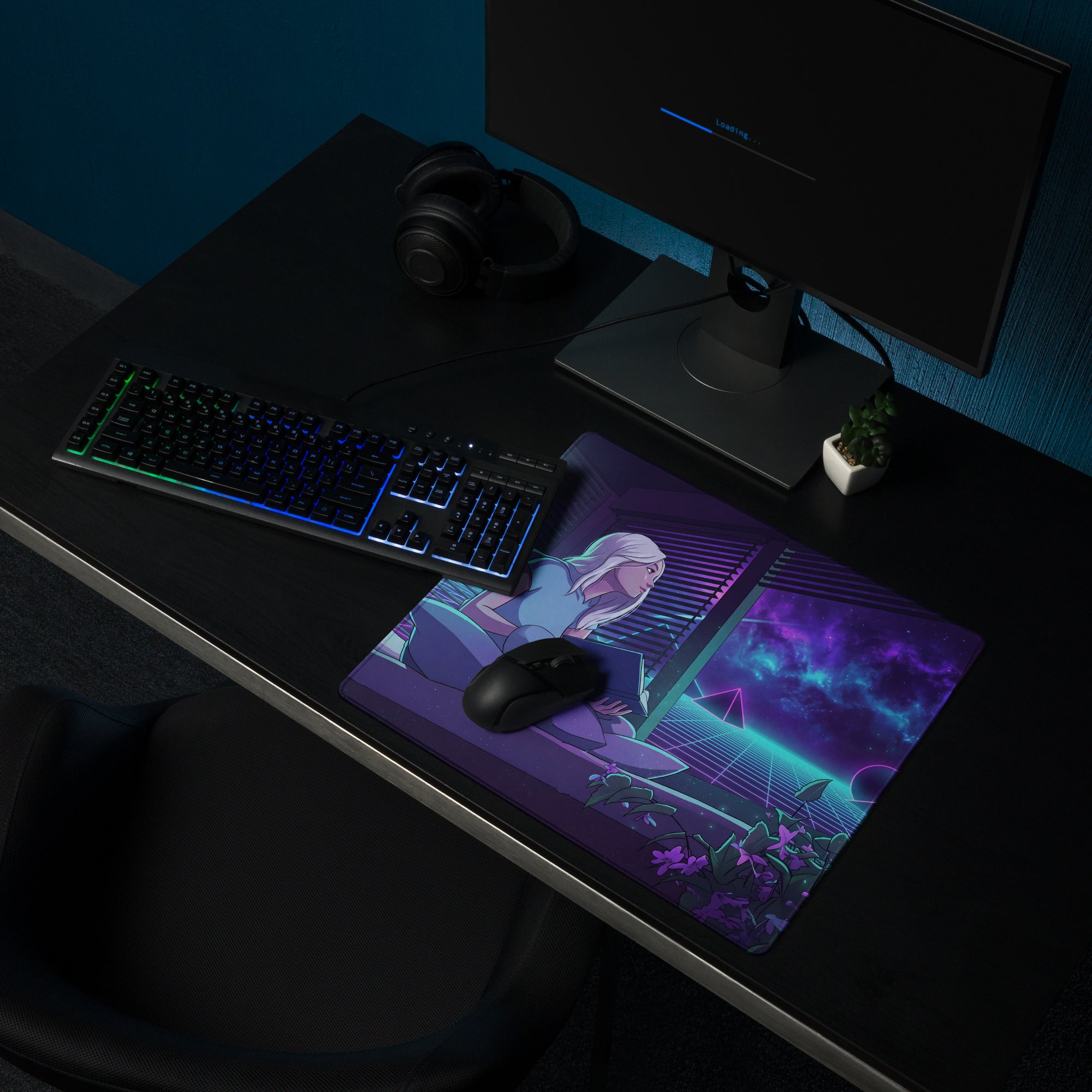 Neon vaporwave gaming desk pad in navy blue and purple with anime girl illustration for vibrant desk setups