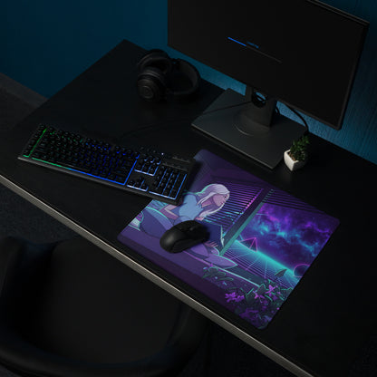 Neon vaporwave gaming desk pad in navy blue and purple with anime girl illustration for vibrant desk setups