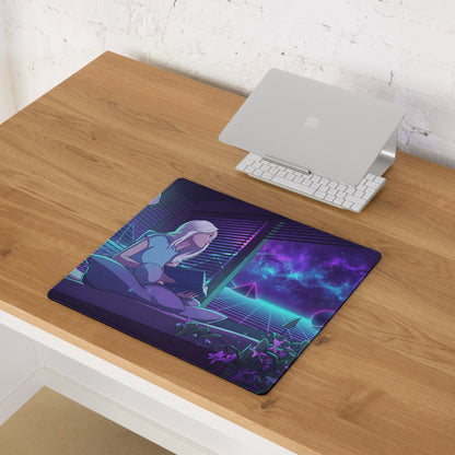 Neon vaporwave gaming mouse pad featuring a nebula-themed cyberpunk anime girl with white hair on purple teal background