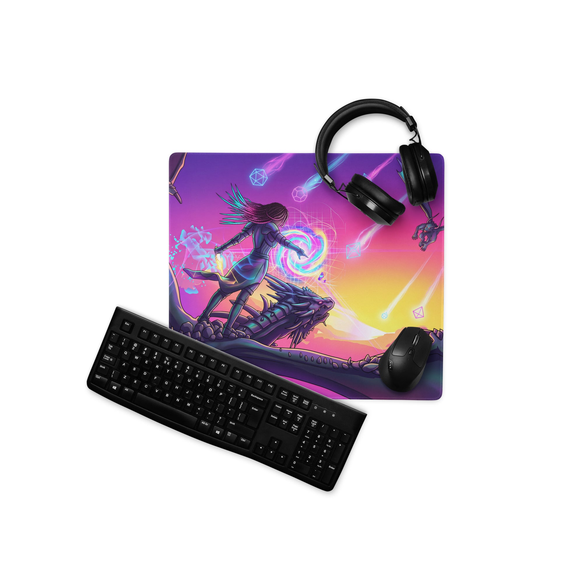Vaporwave dragon mouse pad with vibrant purple pink gradient featuring a fantasy warrior on dragon for gaming