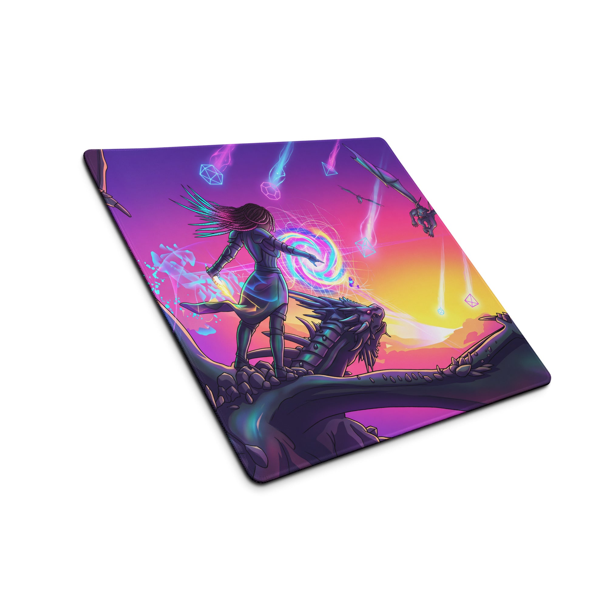 Vaporwave dragon mouse pad with vibrant purple pink gradient and fantasy warrior on dragon against cosmic sunset backdrop