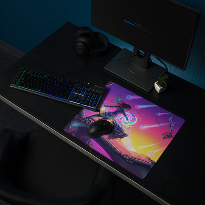 Vaporwave dragon mouse pad with vibrant purple pink neon digital art of warrior battling dragons at sunset