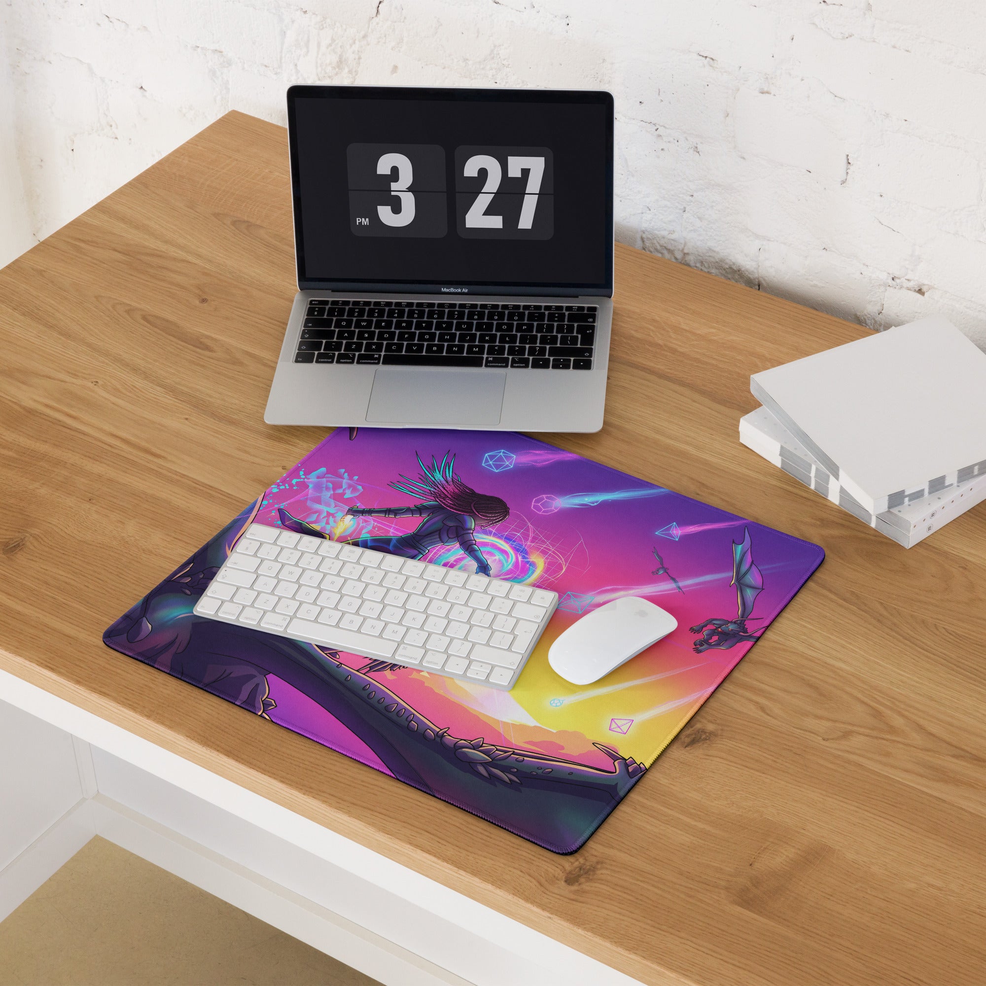 Vibrant purple and pink vaporwave dragon gaming mouse pad with neon retro fantasy character design for desktop use