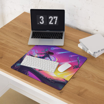 Vibrant purple and pink vaporwave dragon gaming mouse pad with neon retro fantasy character design for desktop use