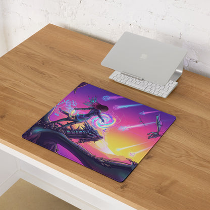 Vaporwave dragon mouse pad with vibrant purple pink digital art of dragon and warrior for gaming and neon decor