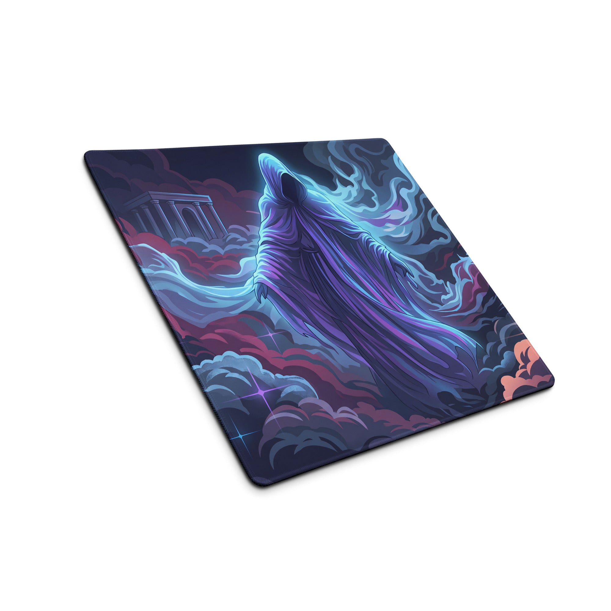 Rectangular vaporwave neon mouse pad with vivid cloaked figure in blue purple hues on gaming digital art design