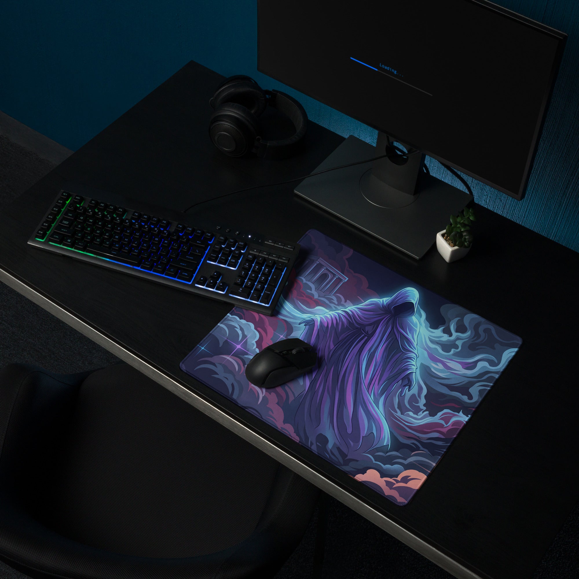 Vibrant purple and blue vaporwave neon mouse pad with flowing ethereal design for gaming and digital art decor