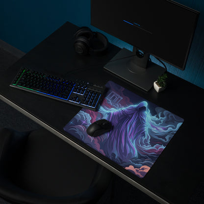 Vibrant purple and blue vaporwave neon mouse pad with flowing ethereal design for gaming and digital art decor