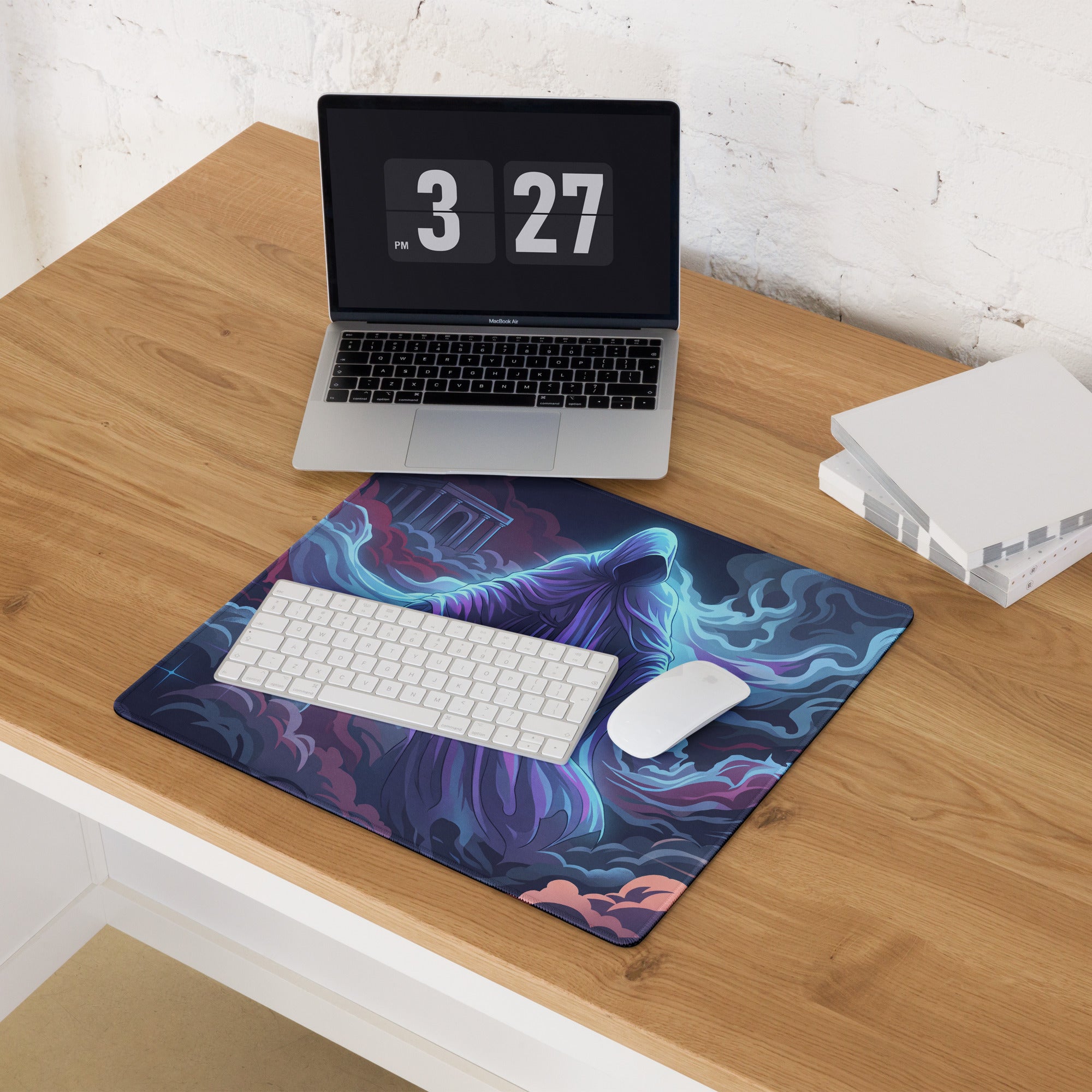 Vaporwave neon mouse pad featuring a vibrant hooded figure with cosmic energy in purple blue and teal for gaming use