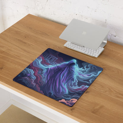 Rectangular gaming mousepad with vibrant vaporwave illustration of hooded figure in purple blue robes on cosmic clouds