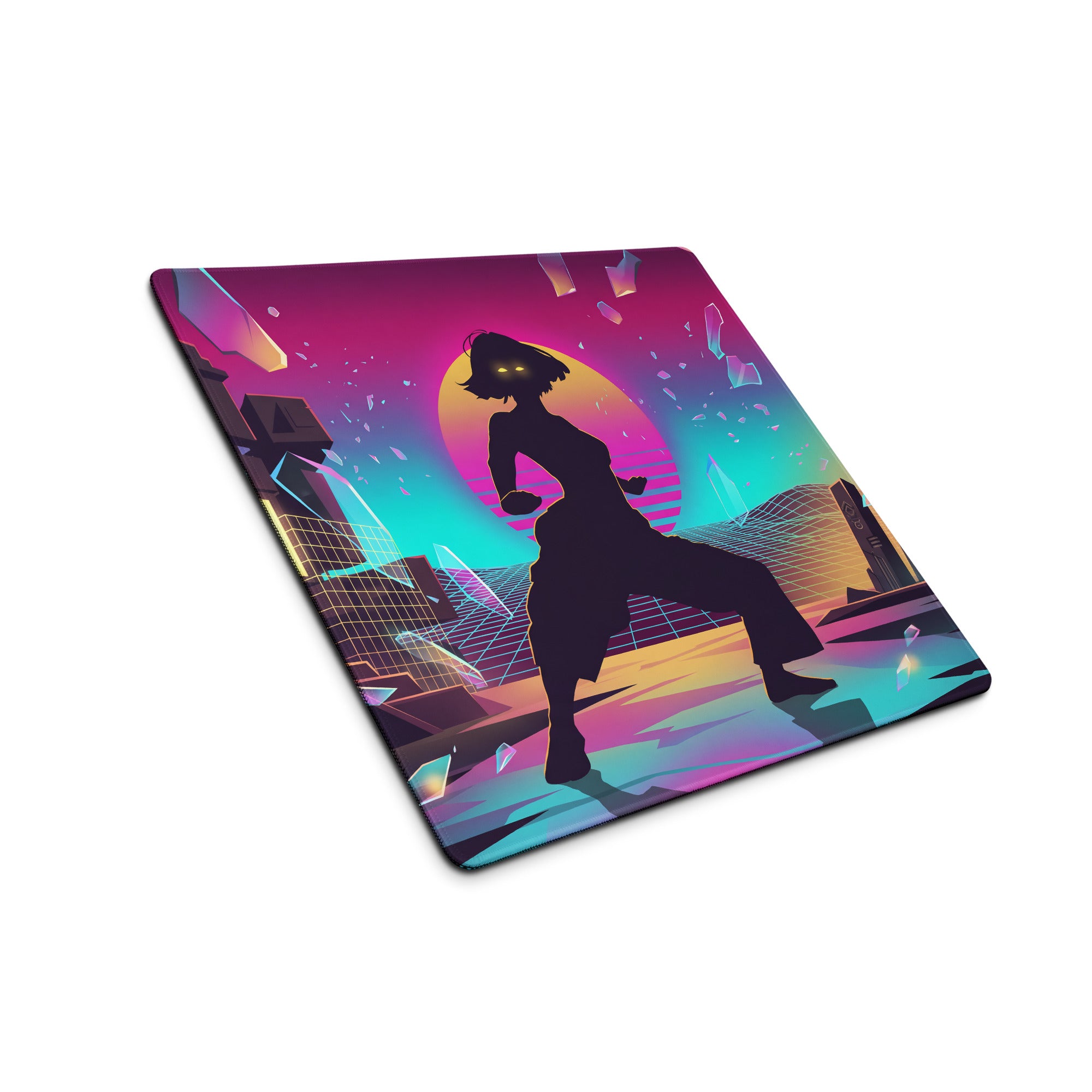 Vaporwave neon city mouse pad with purple pink gradient and dancer silhouette on a futuristic synthwave desk mat