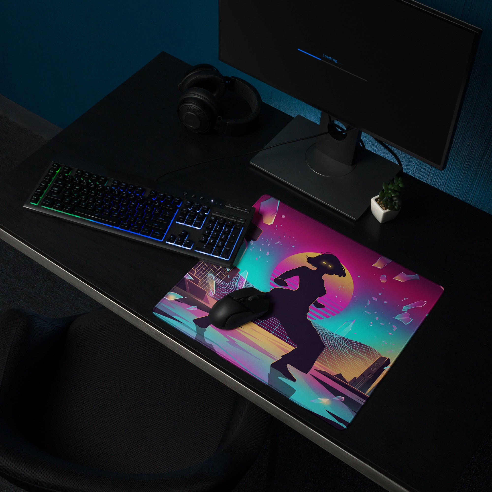 Vibrant neon-colored vaporwave neon city mouse pad featuring a stylized woman silhouette with pink purple teal hues