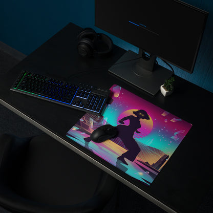 Vibrant neon-colored vaporwave neon city mouse pad featuring a stylized woman silhouette with pink purple teal hues