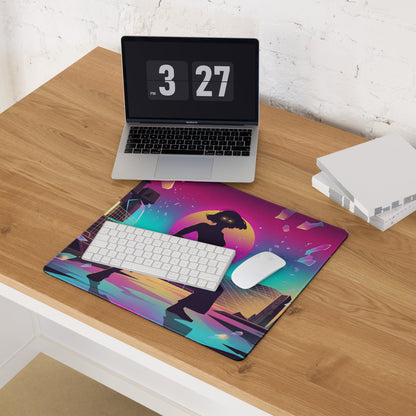 Vibrant neon-colored gaming mousepad with purple pink gradient featuring a stylized woman silhouette and cosmic cityscape
