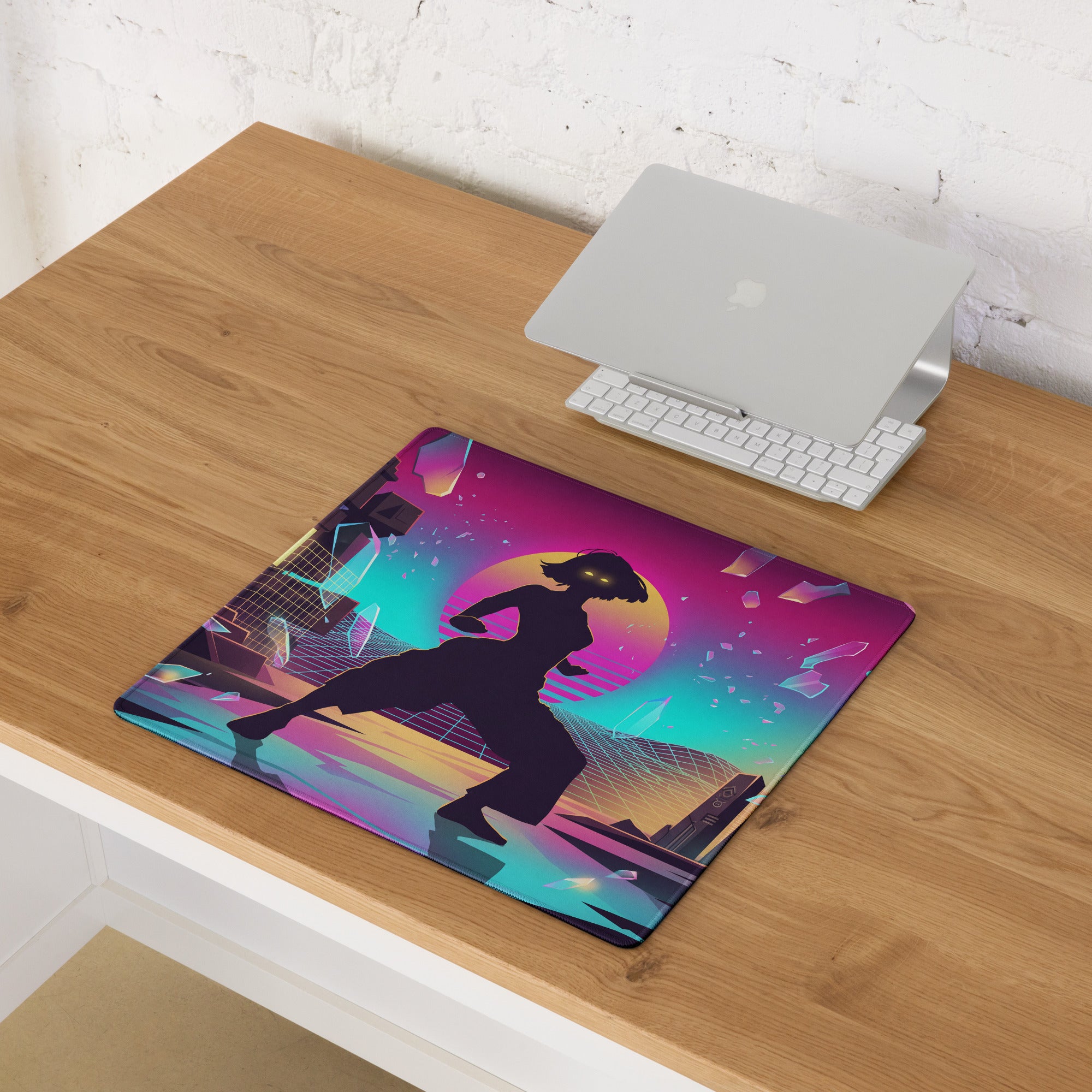 Vibrant neon-colored vaporwave city mouse pad with purple pink gradient and dancer silhouette for gaming desk use