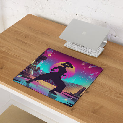 Vibrant neon-colored vaporwave city mouse pad with purple pink gradient and dancer silhouette for gaming desk use