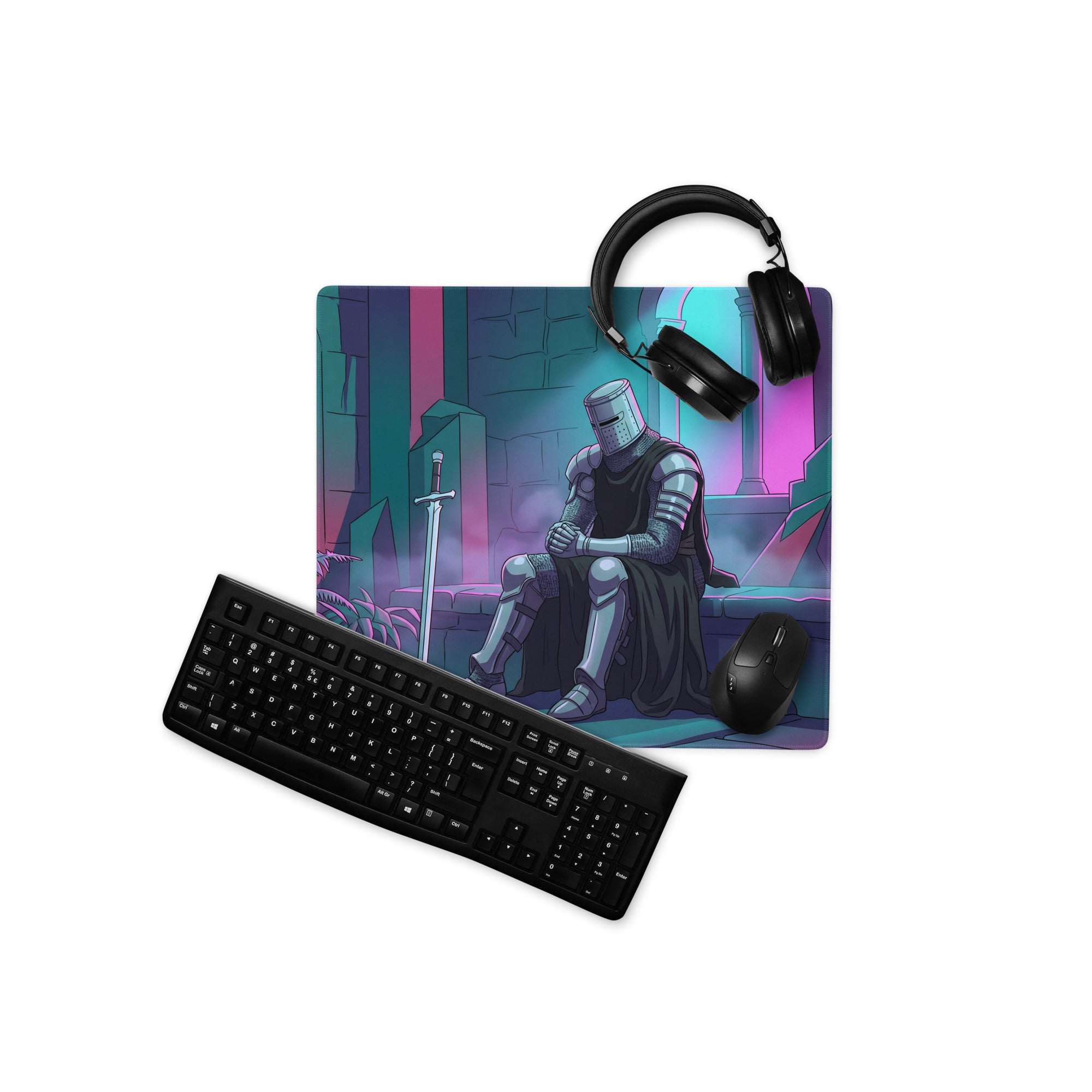 A rectangular gaming mousepad with a teal pink vaporwave design featuring a silver armored knight in glowing ruins