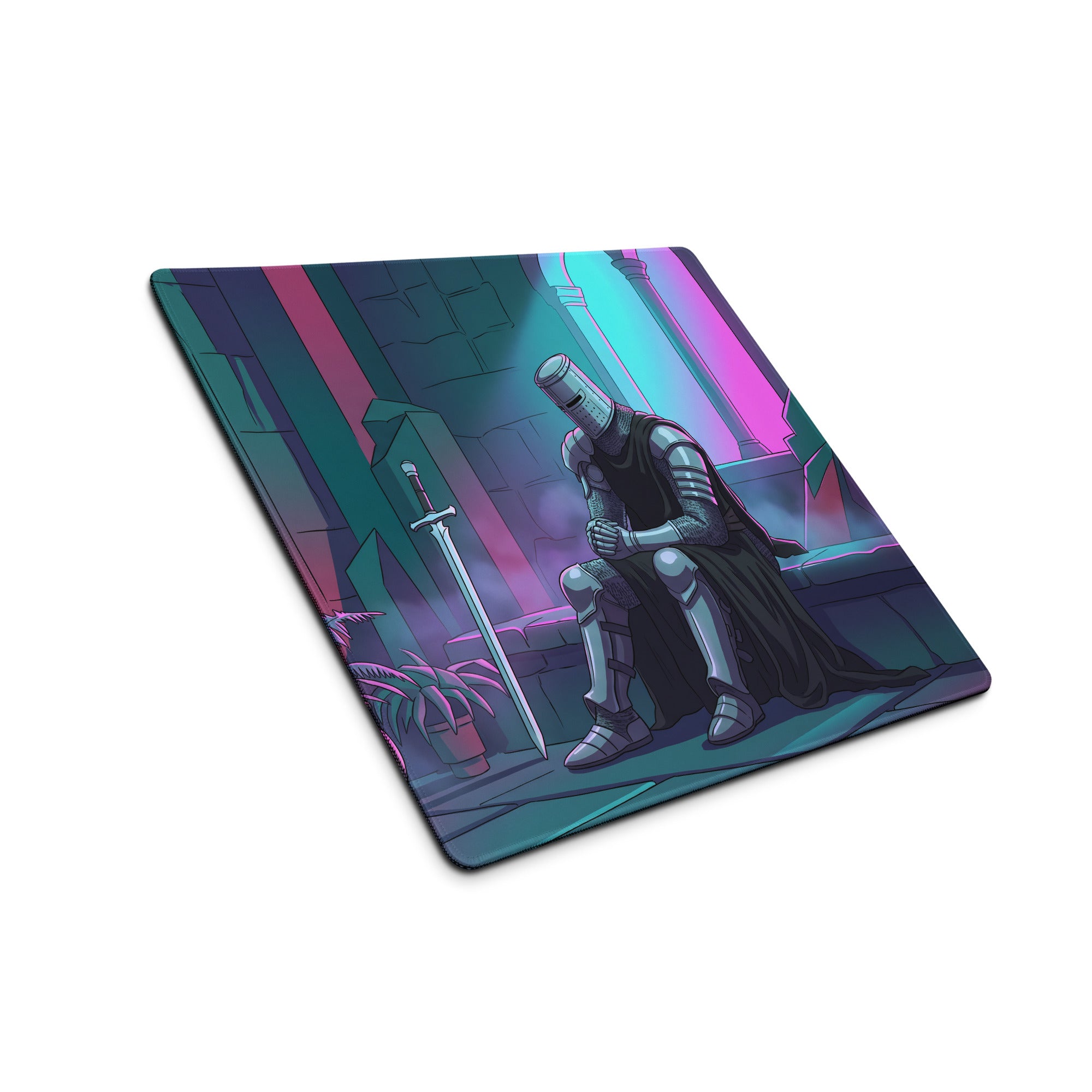 Rectangular gaming mousepad featuring a knight in silver armor with teal and pink neon vaporwave design for desk use